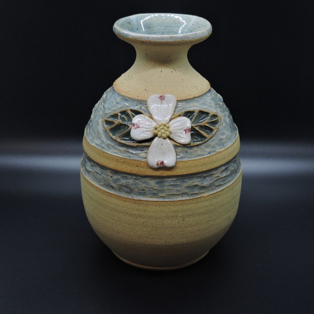 Stoneware Banded Glaze Magnolia Flower Vase Signed - Picture 3 of 15